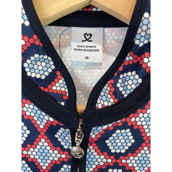 DAILY SPORTS  Size M Sleeveless Zip Neck Dress Geometric Print Red Blue Pink - Picture 3 of 7